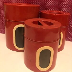 Set 3 Vintage Red Metal Flour, Coffee & Sugar Canisters w/ Spice & Pantry Labels